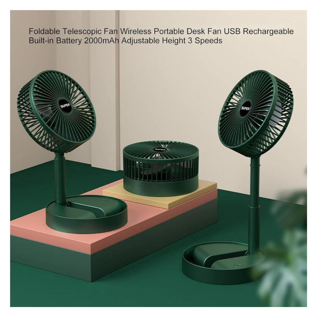 USB Rechargeable (2000 mAh), 3-Speed Portable Desk Fan, Quiet & Adjustable Height – Green