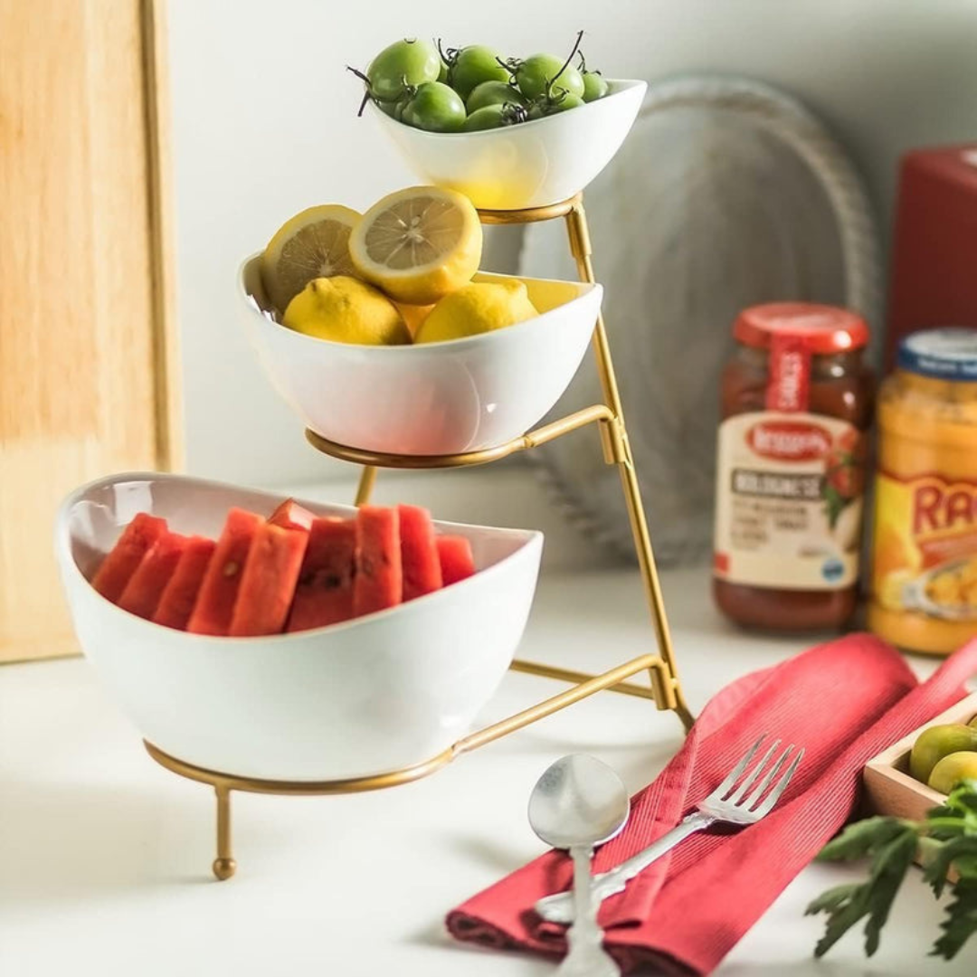 Axooms 3-Tier Serving Bowl Set with Gold Collapsible Stand – Elegant Ceramic Bowls for Chips, Dips, Appetizers, Desserts & Fruit