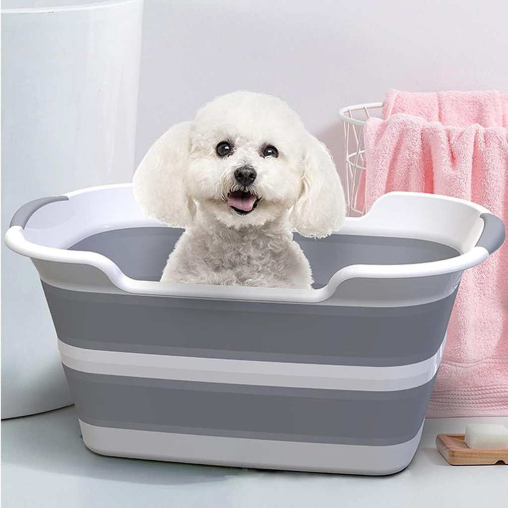 Foldable Multipurpose Collapsible Pet & Baby Bath Tub – 60 × 40 × 27.5 cm | PP+TPR, Lightweight, Space-Saving (Folds to 7 cm) – Grey & White