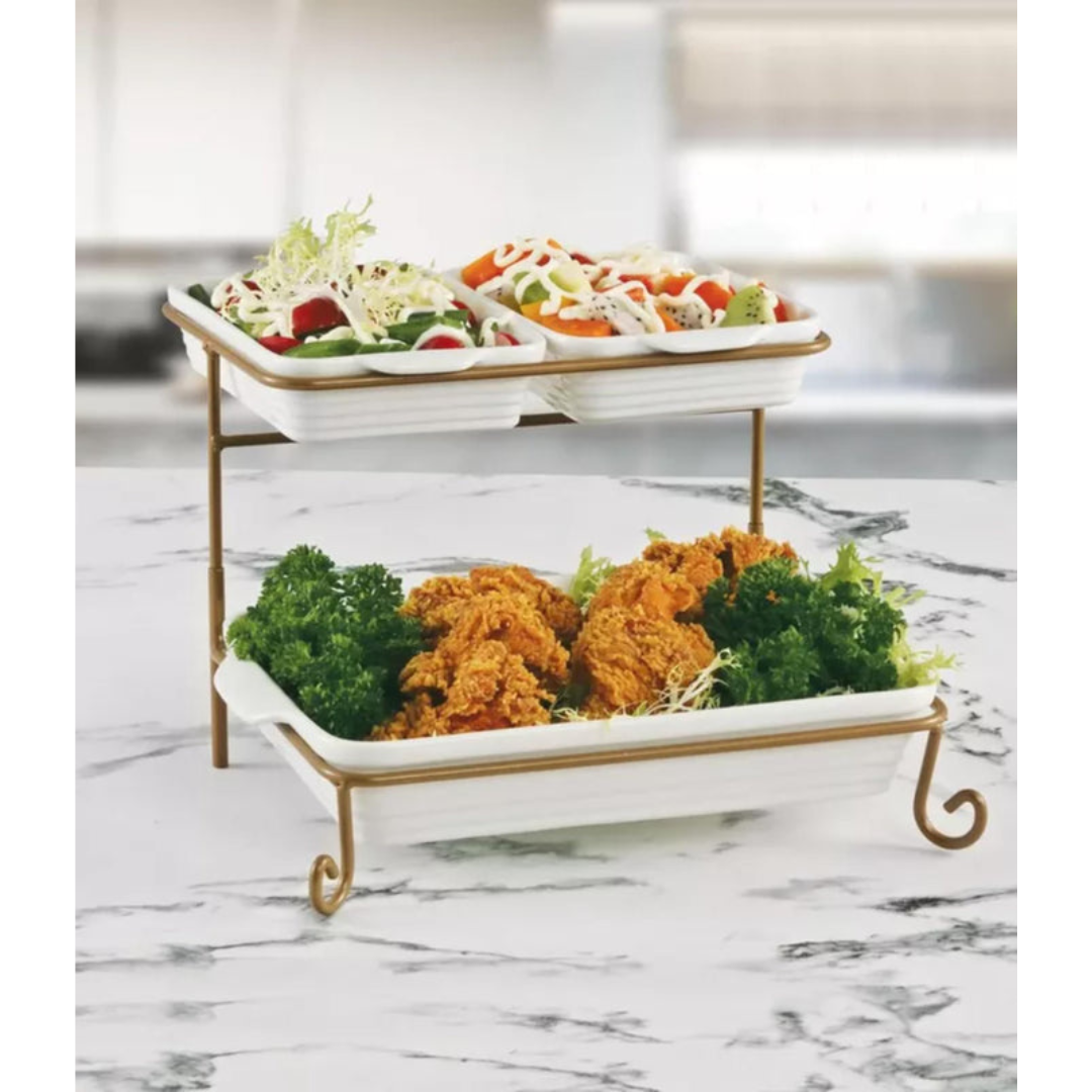 Axooms 2-Tier Rectangular Serving Tray with Gold Stand – Porcelain Appetizer & Dessert Display (20 cm + 30 cm Trays)