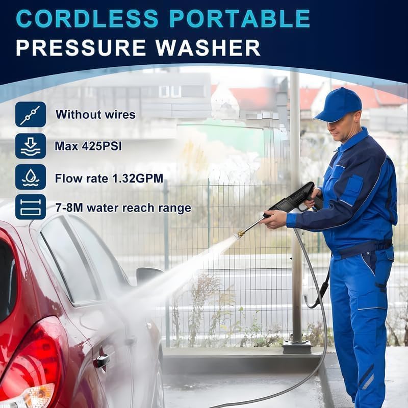 Axooms 48V High Pressure Water Sprayer 2 Batteries - Car Washing Machine, 5M Range, Cordless Portable Electric High Pressure Washer Gun, Used for Floor Cleaning and Garden Watering (2 Batteries)