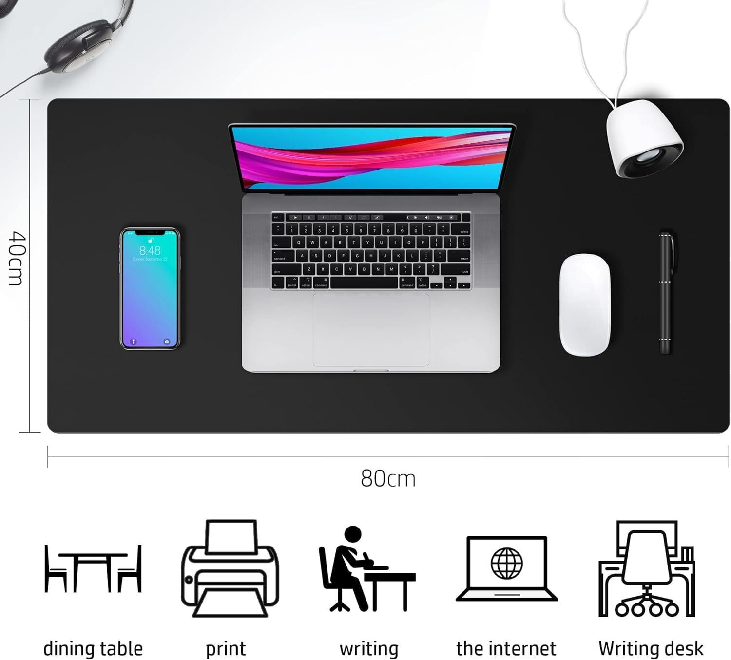 PU Leather Desk Mat Protector – 80×40 cm Large Non-Slip, Waterproof Writing & Mouse Pad (Black)