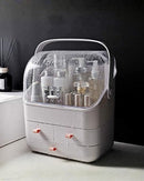 Axooms Makeup Organizer with Dustproof Lid, Carry Handle and Drawers, Large Cosmetics Storage Box for Bathroom, Countertop, Bedroom and Closet