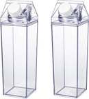 Axooms 2-Piece 500 ml Glass Water Bottle Set, Clear Plastic Milk-Carton Design Bottles with Lids for Outdoor Sports