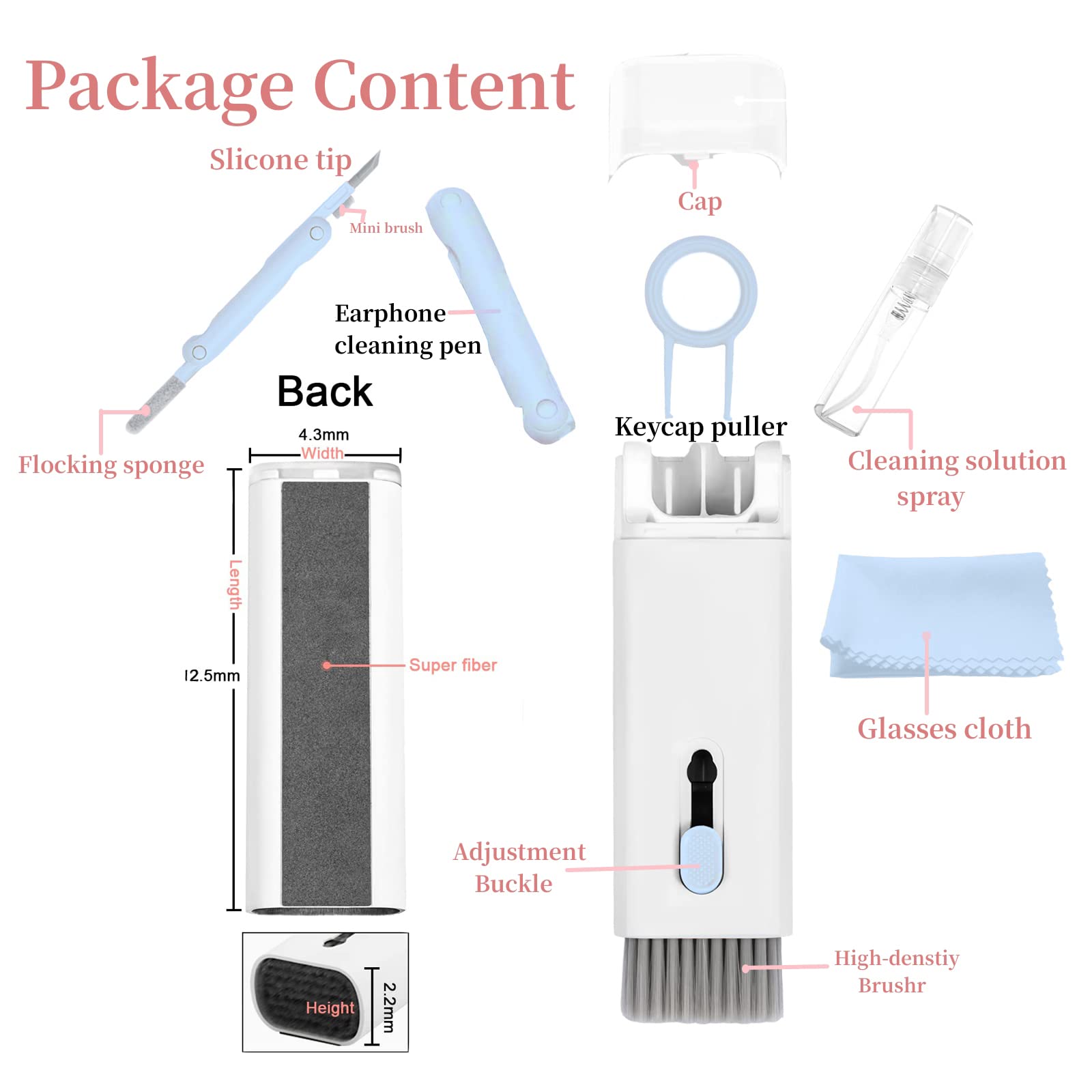 8-in-1 Electronics Cleaning Kit – 7-in-1 Multi-Function Set + Bonus Flannel Cloth | 5 ml Screen Spray, AirPods Cleaning Pen, Keycap Puller, Brushes & Sponge