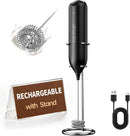 CIRCLE JOY Rechargeable Milk Frother Handheld with Stand, Dual Spring Whisk Head Electric Coffee Frother Foam Maker, Portable Drink Mixer for Cappuccino, Latte, Matcha, Black