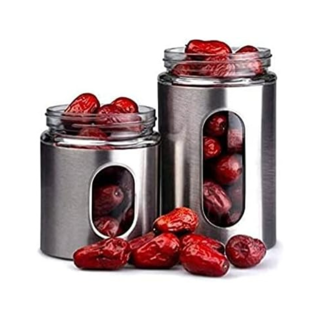 Axooms Glass Canister Set with Stainless Steel Coat – 3-Piece Airtight Jars with Window (8.5×20.5 cm, 15.5 cm, 10.5 cm)