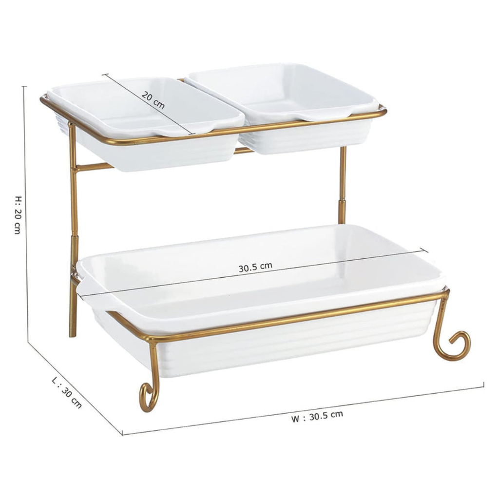 Axooms 2-Tier Rectangular Serving Tray with Gold Stand – Porcelain Appetizer & Dessert Display (20 cm + 30 cm Trays)