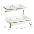 Axooms 2-Tier Rectangular Serving Tray with Gold Stand – Porcelain Appetizer & Dessert Display (20 cm + 30 cm Trays)