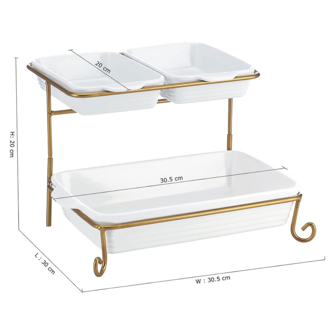 Axooms 2-Tier Rectangular Serving Tray with Gold Stand – Porcelain Appetizer & Dessert Display (20 cm + 30 cm Trays)