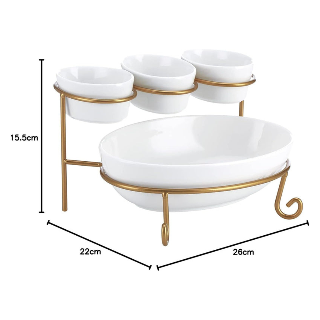 Axooms 2-Tier Oval Serving Set with Gold Stand – Porcelain Appetizer & Dessert Display (3×10 cm + 1×24 cm)