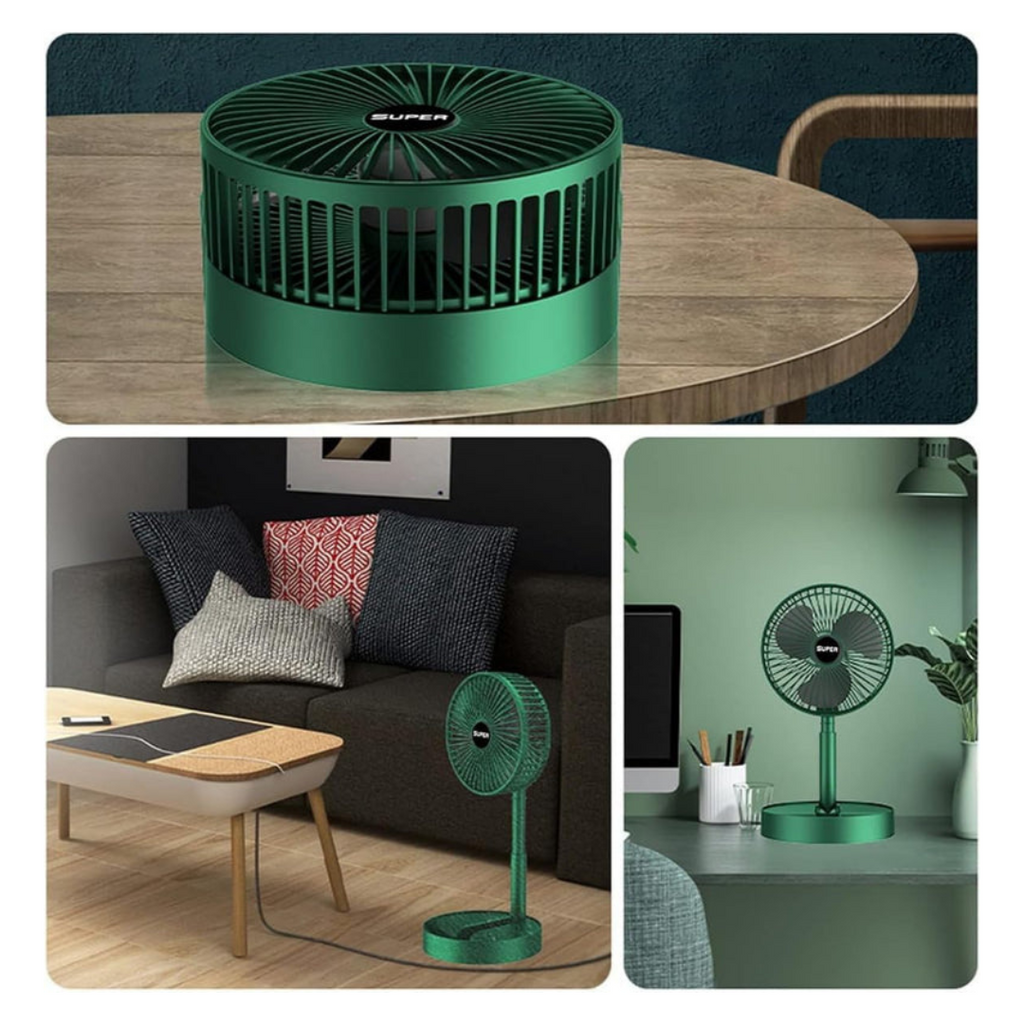 USB Rechargeable (2000 mAh), 3-Speed Portable Desk Fan, Quiet & Adjustable Height – Green