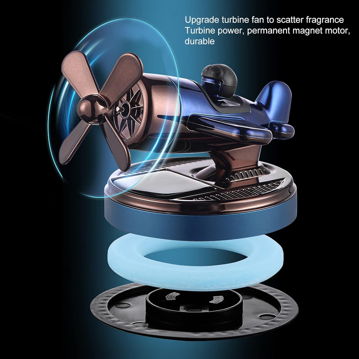 Axooms Solar Helicopter Car Air Freshener – Metal + ABS Aromatherapy Diffuser with Rotating Turbine, Multi-Porous Scent Release & LED Accent (Essential-Oil Pads)
