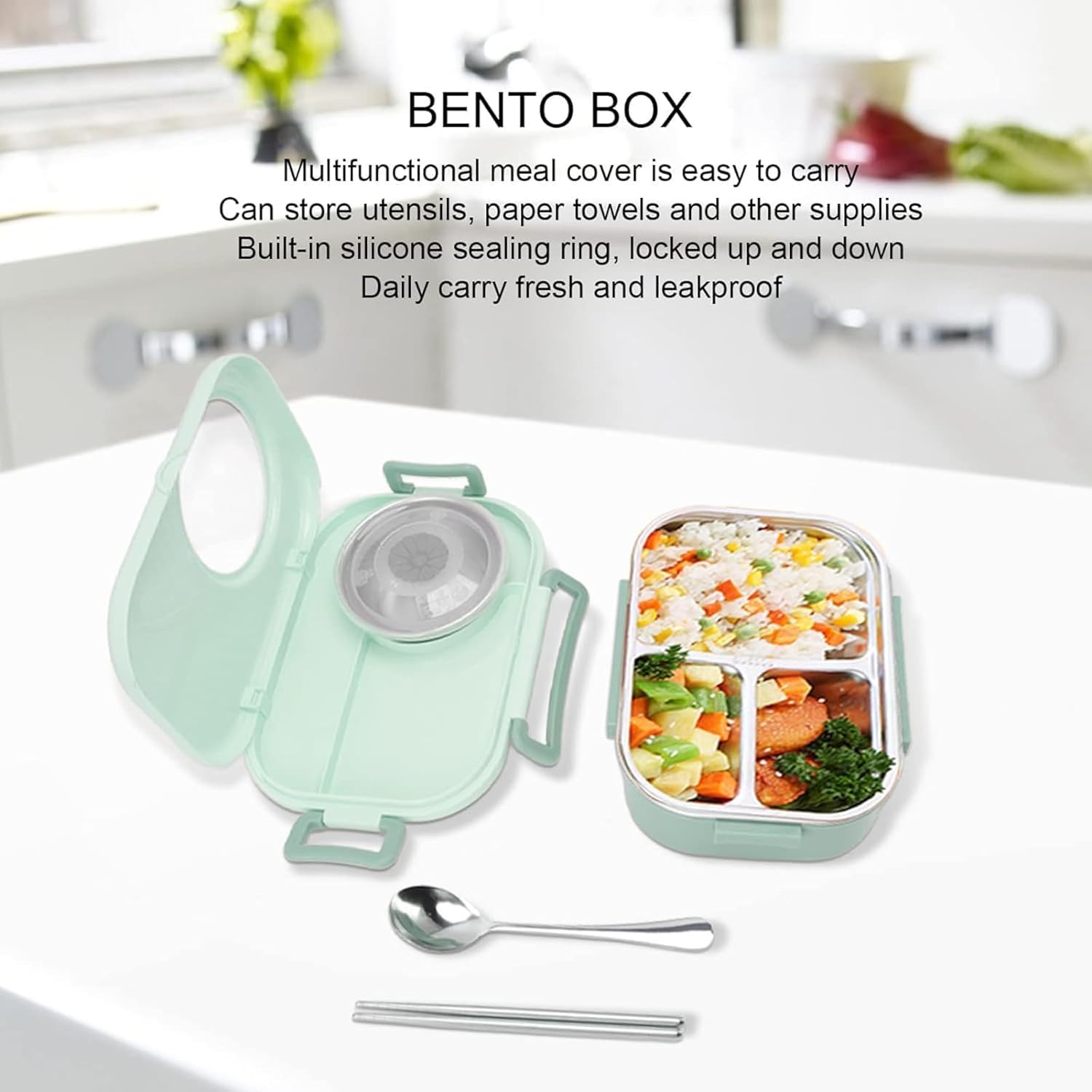 Axooms Stainless Steel Bento Lunch Box (1000 ml) – 3-Compartment, Leak-Proof with Sauce Bowl, Fork & Spoon | Stackable, BPA-Free, Dishwasher Safe