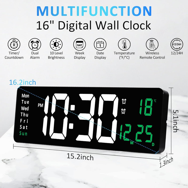 Large Digital Wall Clock with Remote Control - 16"