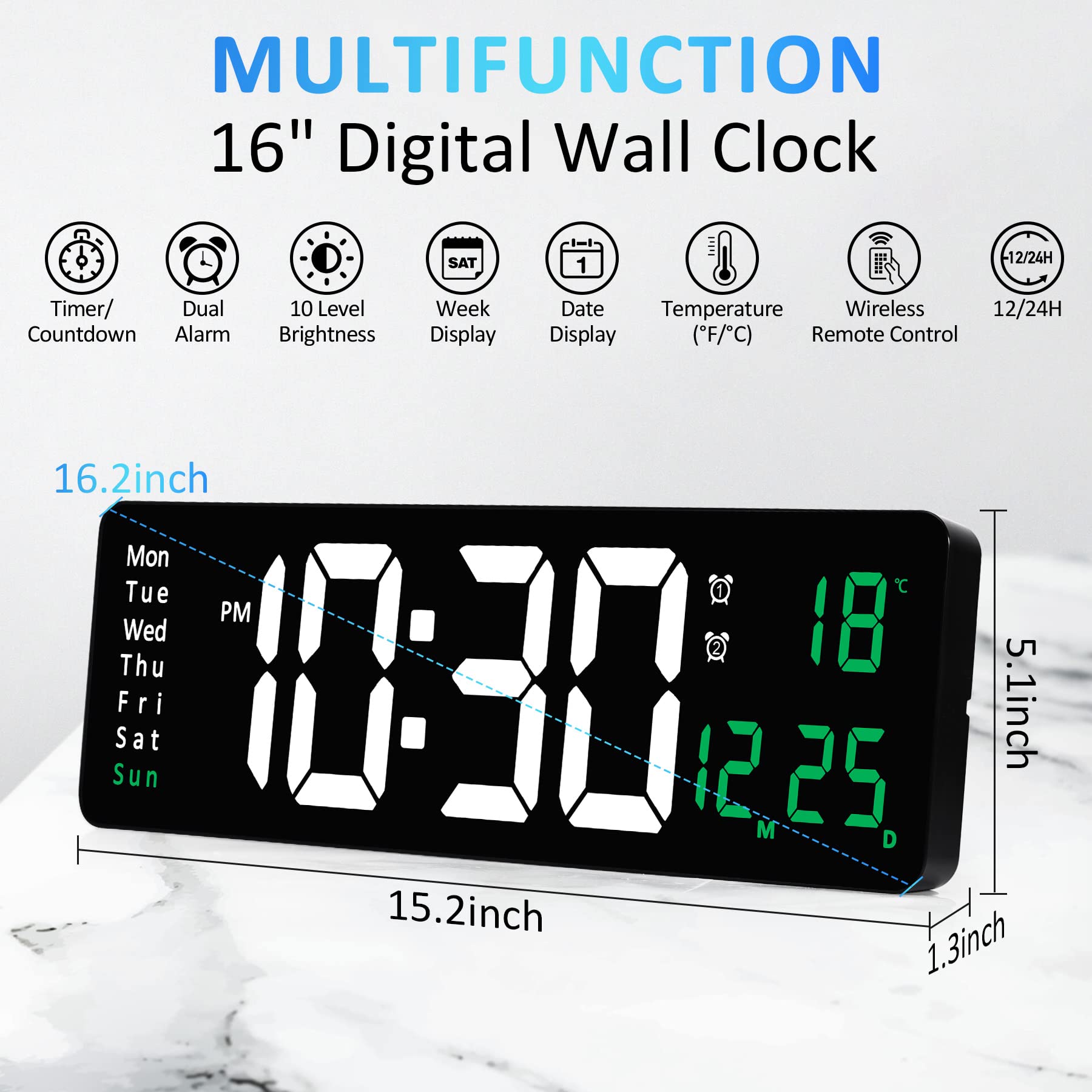 Large Digital Wall Clock with Remote Control - 16"