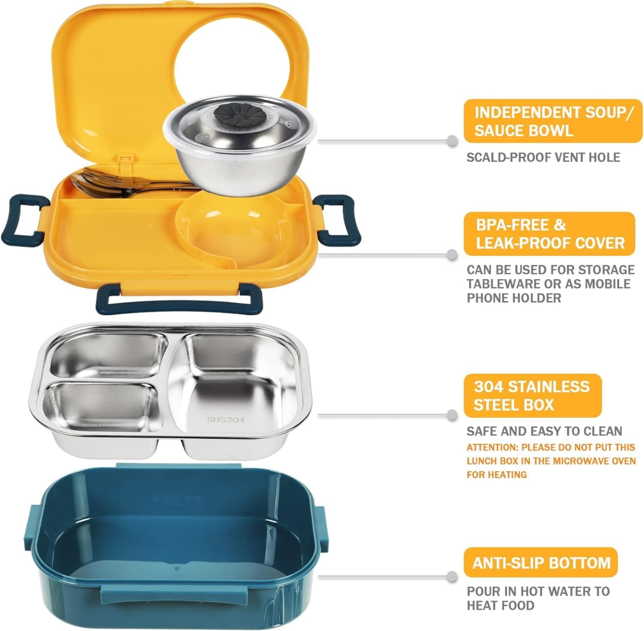Axooms Stainless Steel Bento Lunch Box (1000 ml) – 3-Compartment, Leak-Proof with Sauce Bowl, Fork & Spoon | Stackable, BPA-Free, Dishwasher Safe
