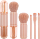 Axooms 4-in-1 Retractable Makeup Brush Set, Portable Travel Powder, Highlighter, Eyeshadow, and Lip Brushes, Pink