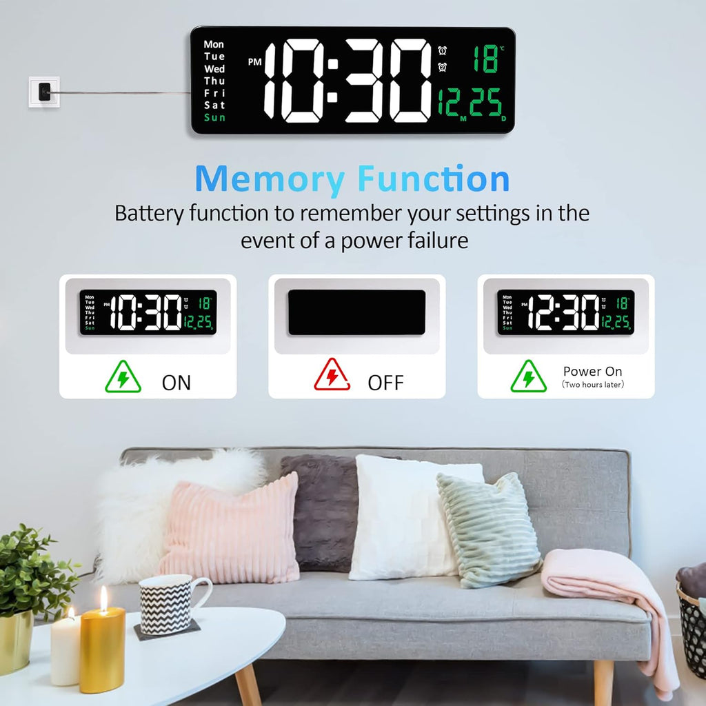 Large Digital Wall Clock with Remote Control - 16"