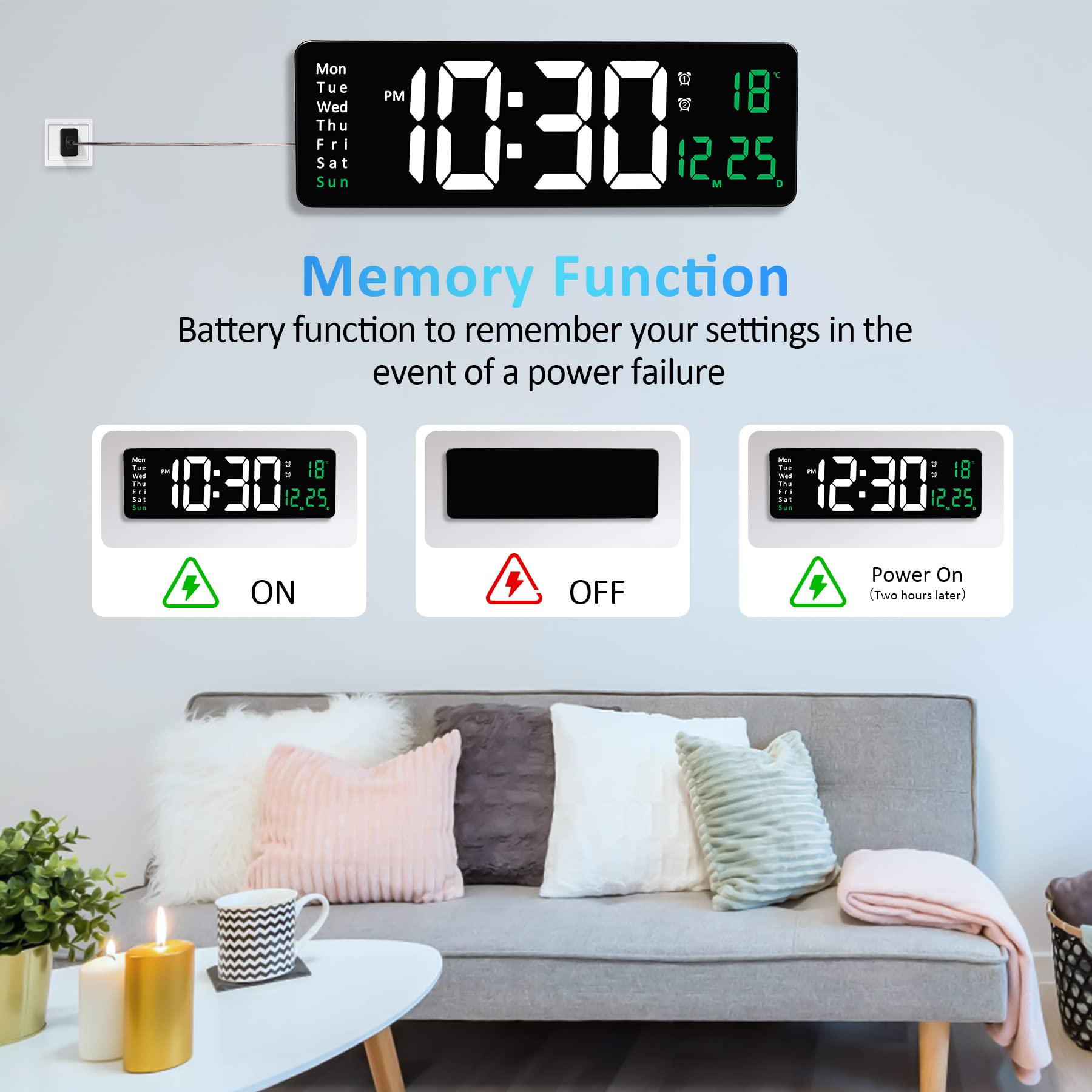 Large Digital Wall Clock with Remote Control - 16"