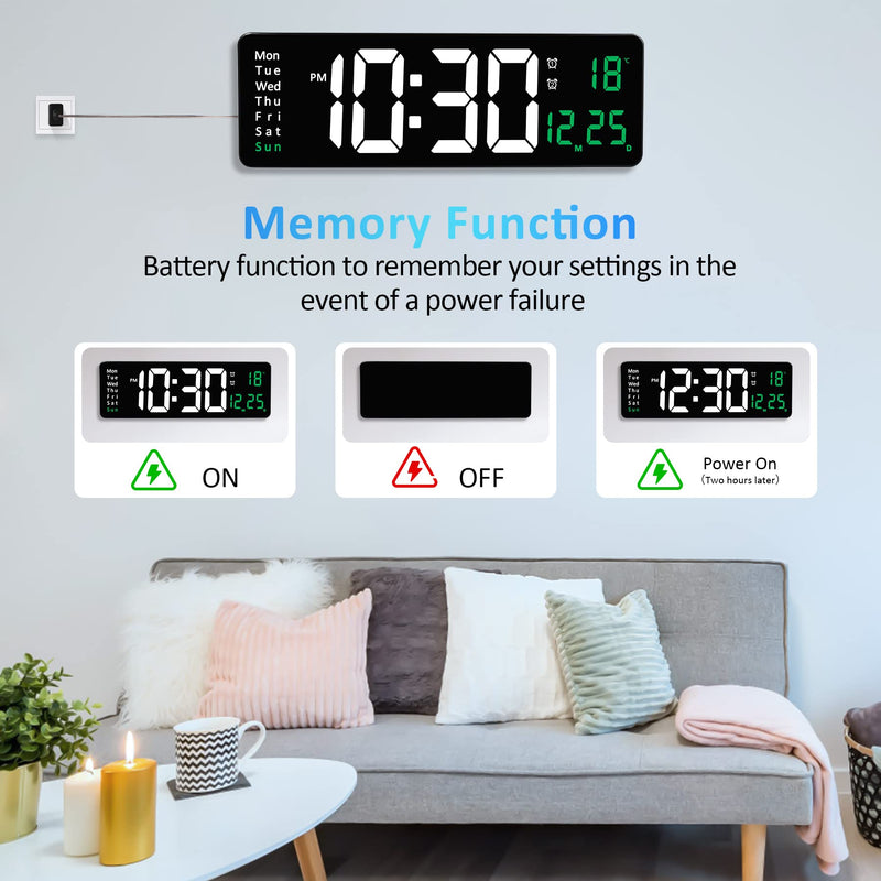 Large Digital Wall Clock with Remote Control - 16"