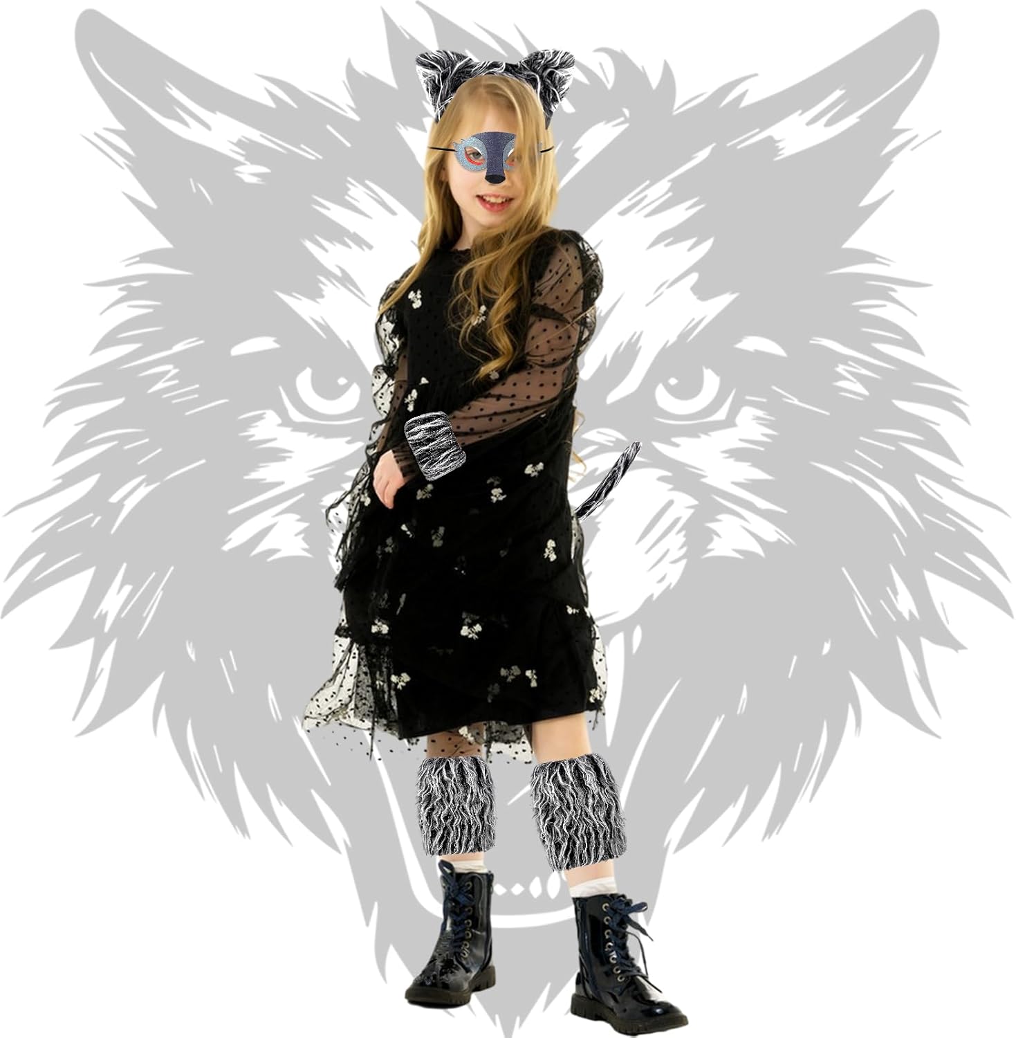 Axooms 7-Piece Werewolf Costume Kit — Ears Headband, Mask, Tail (44 cm), Gloves & Leg Warmers | Soft Plush, One-Size, Easy Dress-Up