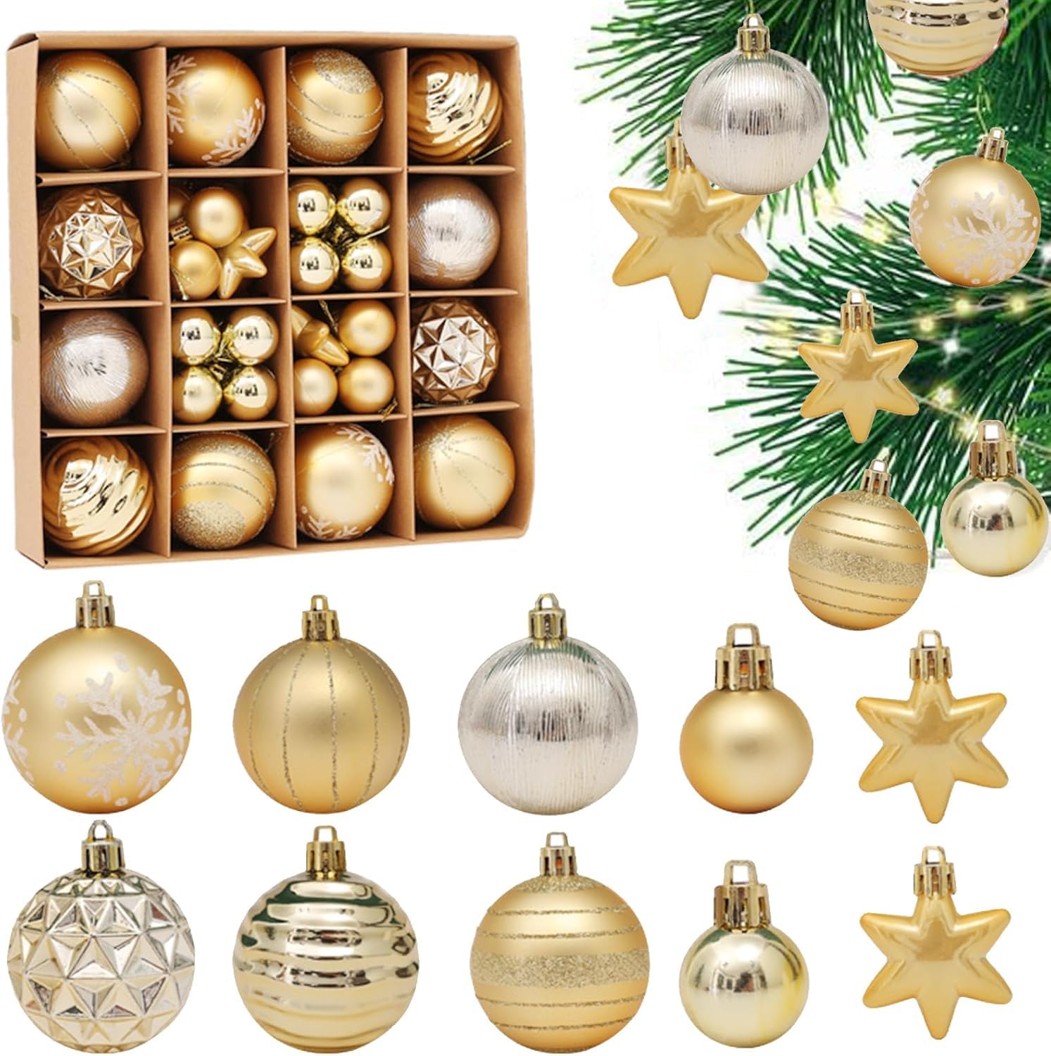 Axooms 44-Piece Shatterproof Christmas Ball Ornaments – Assorted Styles with Hooks & Lace Rope, Reusable Gift Box (For 3–6 ft Trees)