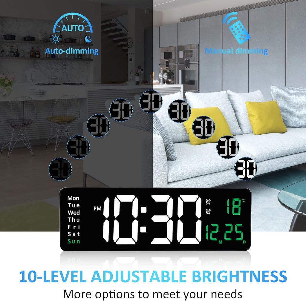 Large Digital Wall Clock with Remote Control - 16"