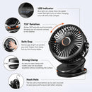 Axooms Clip-on Desk Fan for Stroller 5000mAh Rechargeable, Personal USB Fan with 4 Speeds 360° Adjustable Rotation, Desktop Table Fan for Pushchair, Car and Travel, Blue