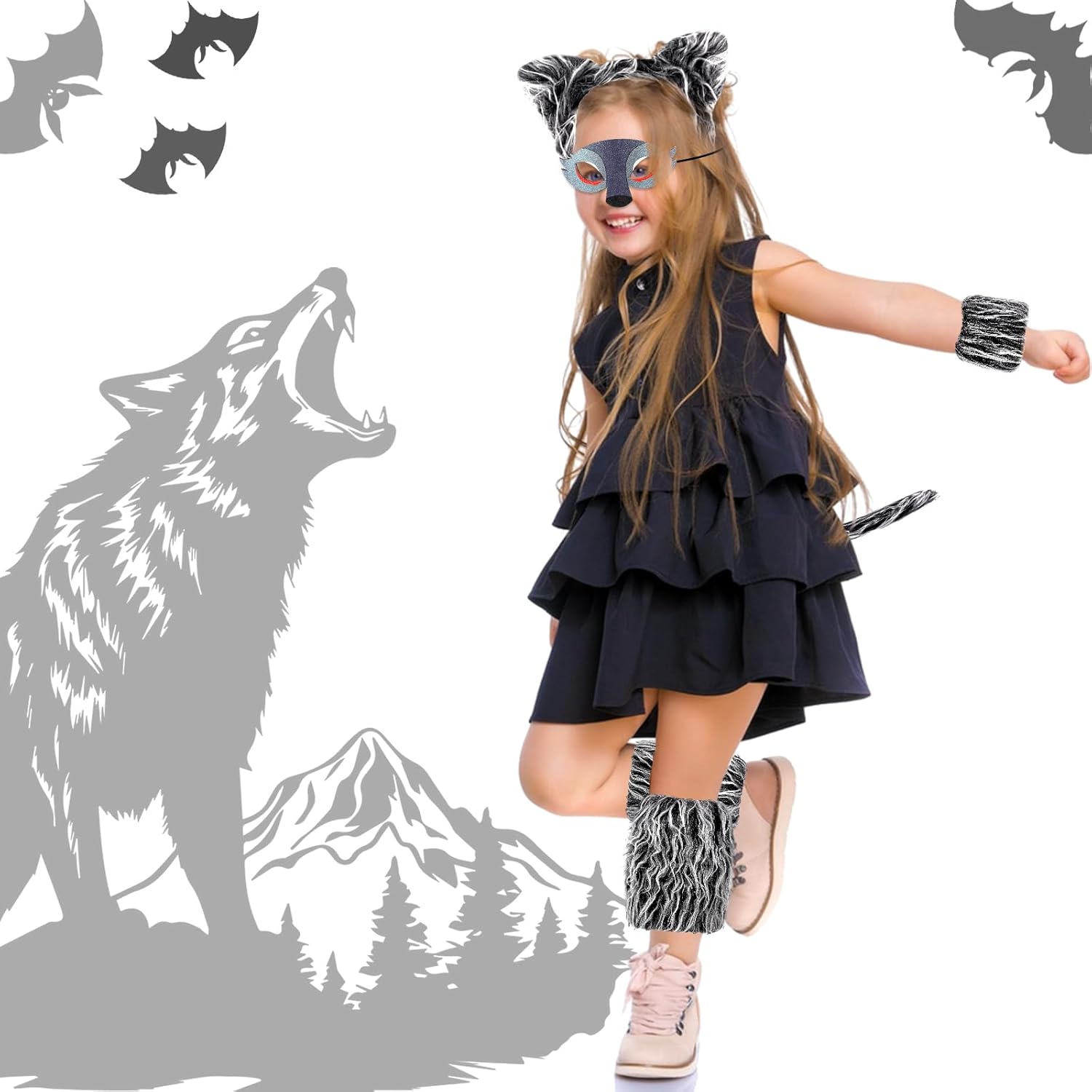Axooms 7-Piece Werewolf Costume Kit — Ears Headband, Mask, Tail (44 cm), Gloves & Leg Warmers | Soft Plush, One-Size, Easy Dress-Up