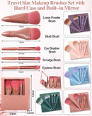 Axooms Mini Travel Makeup Brush Set with Hard Case & Built-In Mirror, 5 Pieces, Light Pink