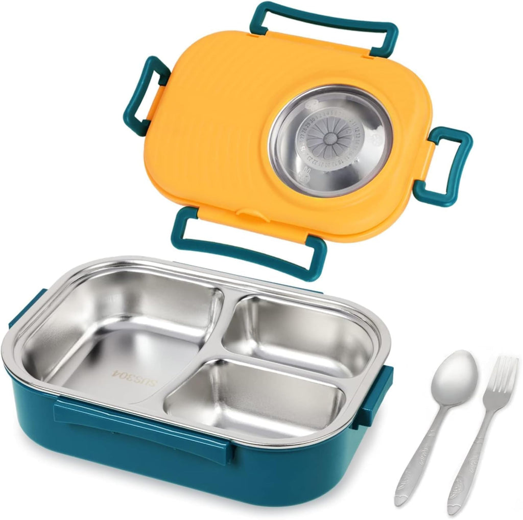 Axooms Stainless Steel Bento Lunch Box (1000 ml) – 3-Compartment, Leak-Proof with Sauce Bowl, Fork & Spoon | Stackable, BPA-Free, Dishwasher Safe