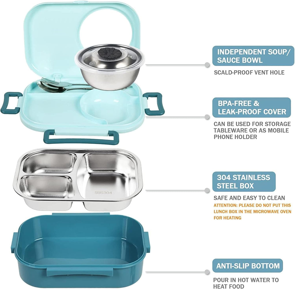 Axooms Stainless Steel Bento Lunch Box (1000 ml) – 3-Compartment, Leak-Proof with Sauce Bowl, Fork & Spoon | Stackable, BPA-Free, Dishwasher Safe