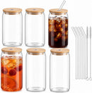 Axooms Clear Glass Drinking Cups with Wooden Lids and Reusable Glass Straws, 17 oz, 4- or 6-Piece Set