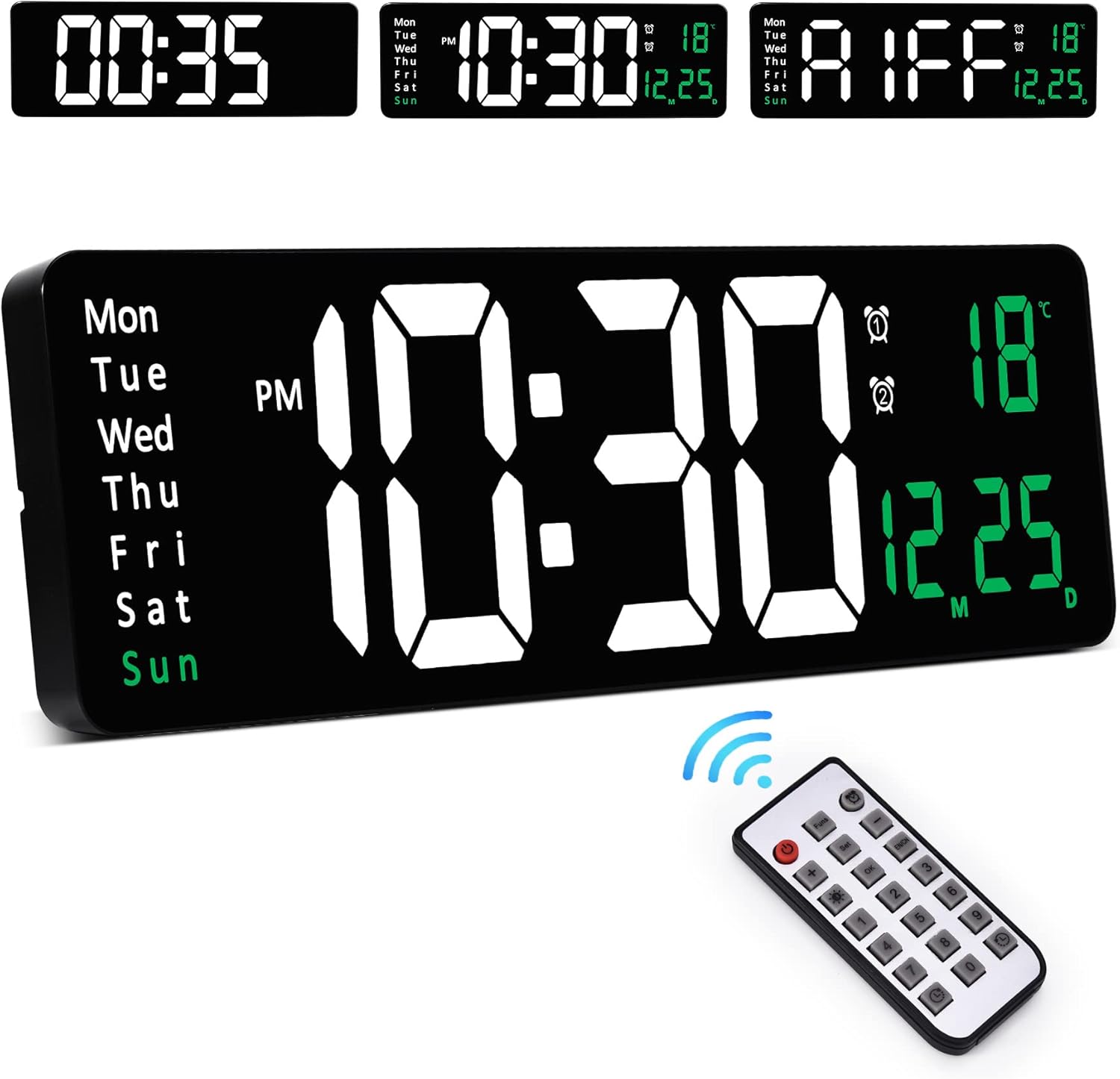Large Digital Wall Clock with Remote Control - 16"