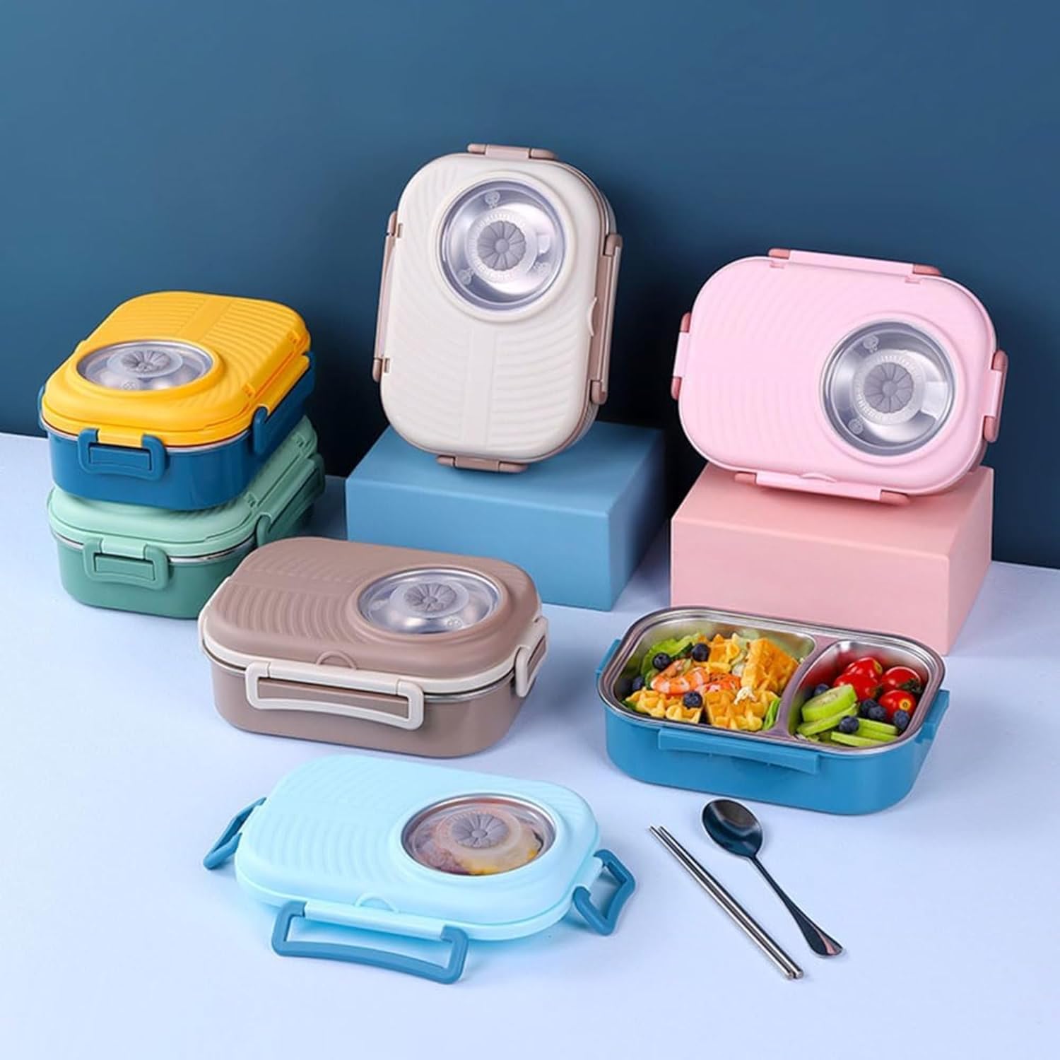 Axooms Stainless Steel Bento Lunch Box (1000 ml) – 3-Compartment, Leak-Proof with Sauce Bowl, Fork & Spoon | Stackable, BPA-Free, Dishwasher Safe