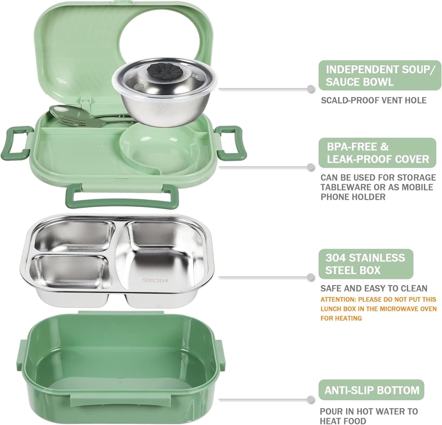 Axooms Stainless Steel Bento Lunch Box (1000 ml) – 3-Compartment, Leak-Proof with Sauce Bowl, Fork & Spoon | Stackable, BPA-Free, Dishwasher Safe