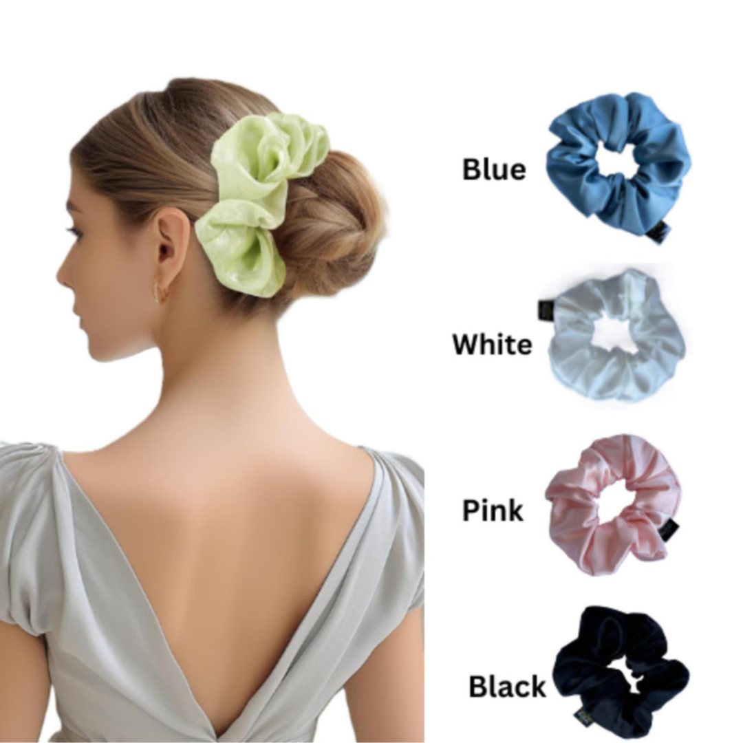 Axooms Large Silk Hair Scrunchies – 4-Piece Jumbo Satin Set, No-Pull Hair Ties for Thick & Thin Hair (Ponytails, Buns & Braids)