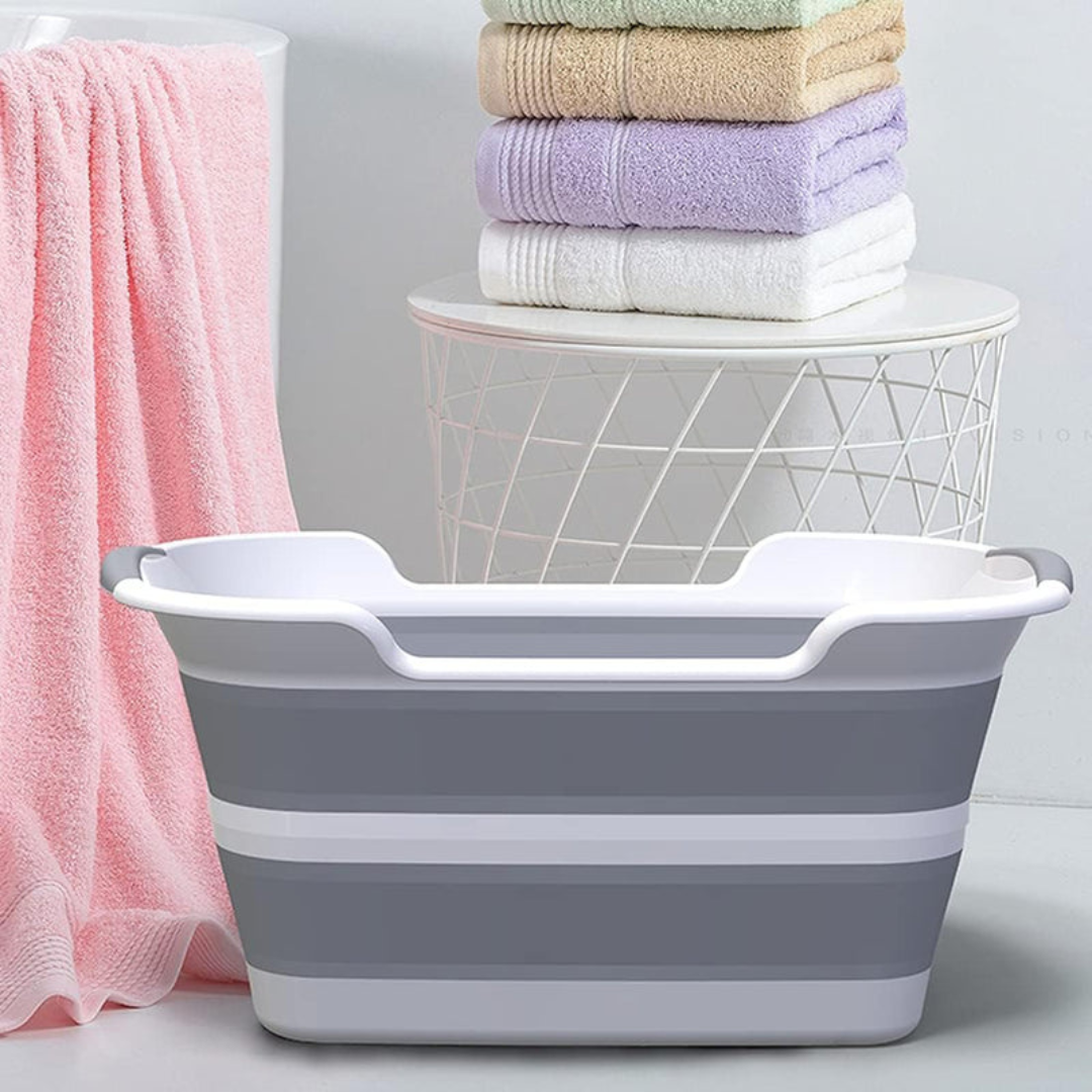 Foldable Multipurpose Collapsible Pet & Baby Bath Tub – 60 × 40 × 27.5 cm | PP+TPR, Lightweight, Space-Saving (Folds to 7 cm) – Grey & White