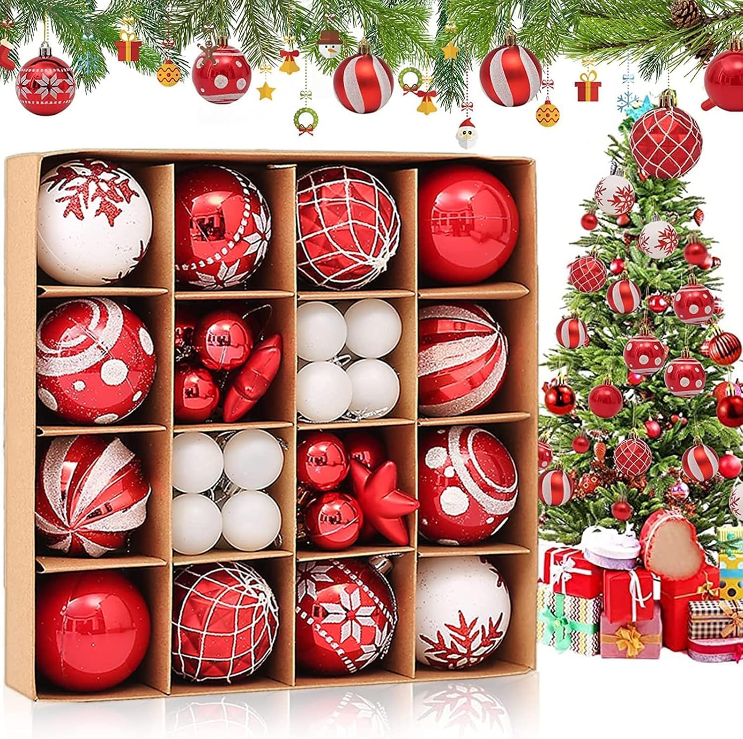 Axooms 44-Piece Shatterproof Christmas Ball Ornaments – Assorted Styles with Hooks & Lace Rope, Reusable Gift Box (For 3–6 ft Trees)