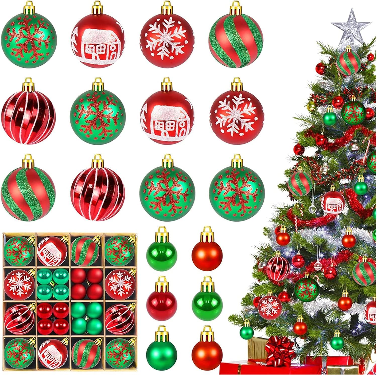 Axooms 44-Piece Shatterproof Christmas Ball Ornaments – Assorted Styles with Hooks & Lace Rope, Reusable Gift Box (For 3–6 ft Trees)