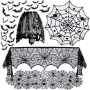 Axooms 5-Piece Halloween Table Decoration Set – Black Lace Round Spider Web Tablecloth, Fireplace Mantel Scarf, Spider Web Runner & 36 Scary 3D Bat Wall Stickers for Parties