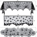 Axooms 5-Piece Halloween Table Decoration Set – Black Lace Round Spider Web Tablecloth, Fireplace Mantel Scarf, Spider Web Runner & 36 Scary 3D Bat Wall Stickers for Parties
