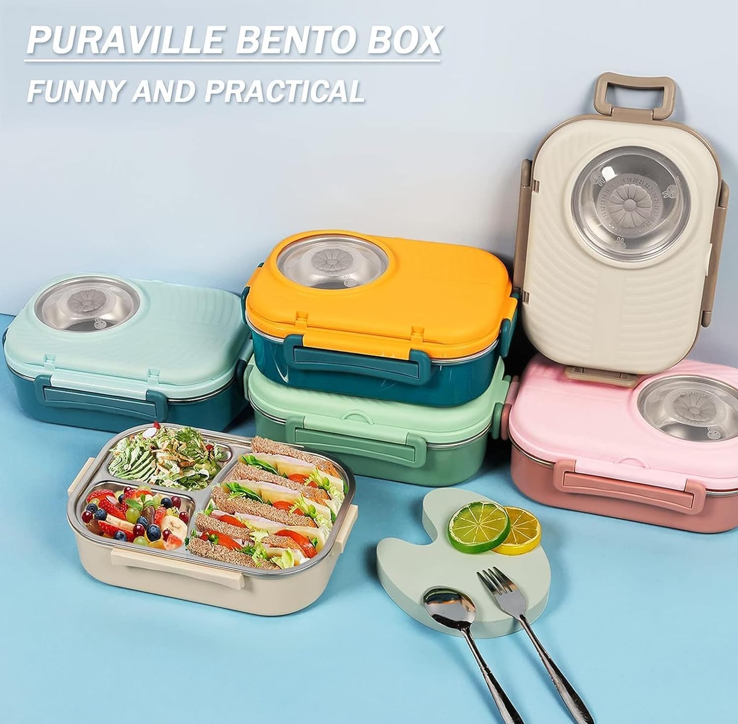 Axooms Stainless Steel Bento Lunch Box (1000 ml) – 3-Compartment, Leak-Proof with Sauce Bowl, Fork & Spoon | Stackable, BPA-Free, Dishwasher Safe