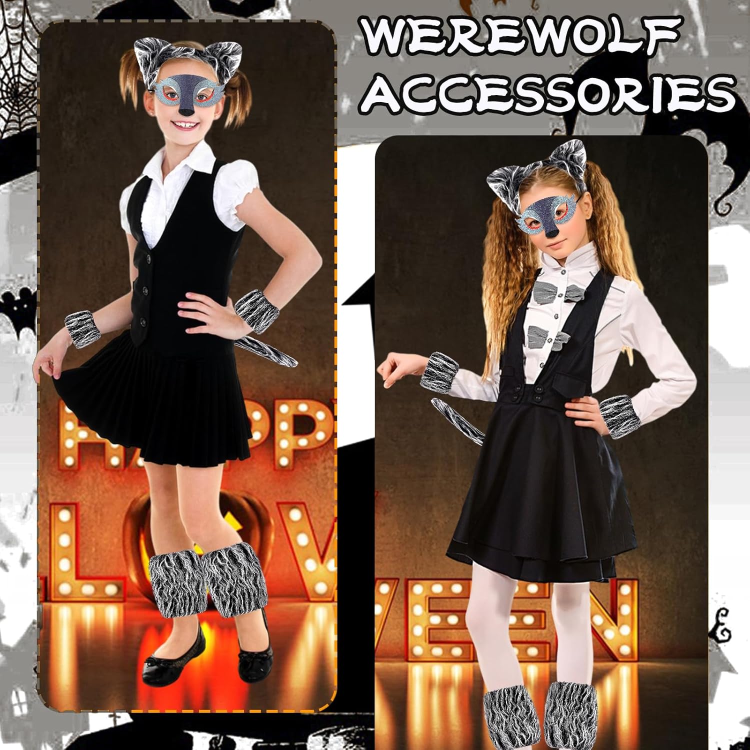 Axooms 7-Piece Werewolf Costume Kit — Ears Headband, Mask, Tail (44 cm), Gloves & Leg Warmers | Soft Plush, One-Size, Easy Dress-Up