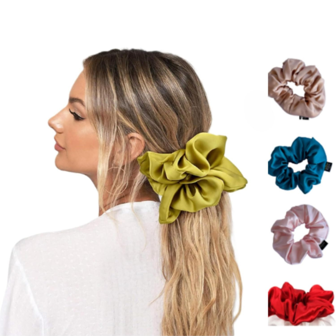 Axooms Large Silk Hair Scrunchies – 4-Piece Jumbo Satin Set, No-Pull Hair Ties for Thick & Thin Hair (Ponytails, Buns & Braids)