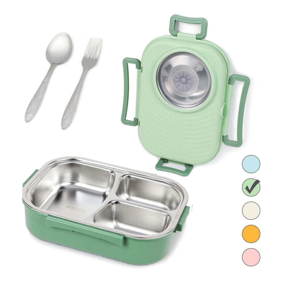 Axooms Stainless Steel Bento Lunch Box (1000 ml) – 3-Compartment, Leak-Proof with Sauce Bowl, Fork & Spoon | Stackable, BPA-Free, Dishwasher Safe